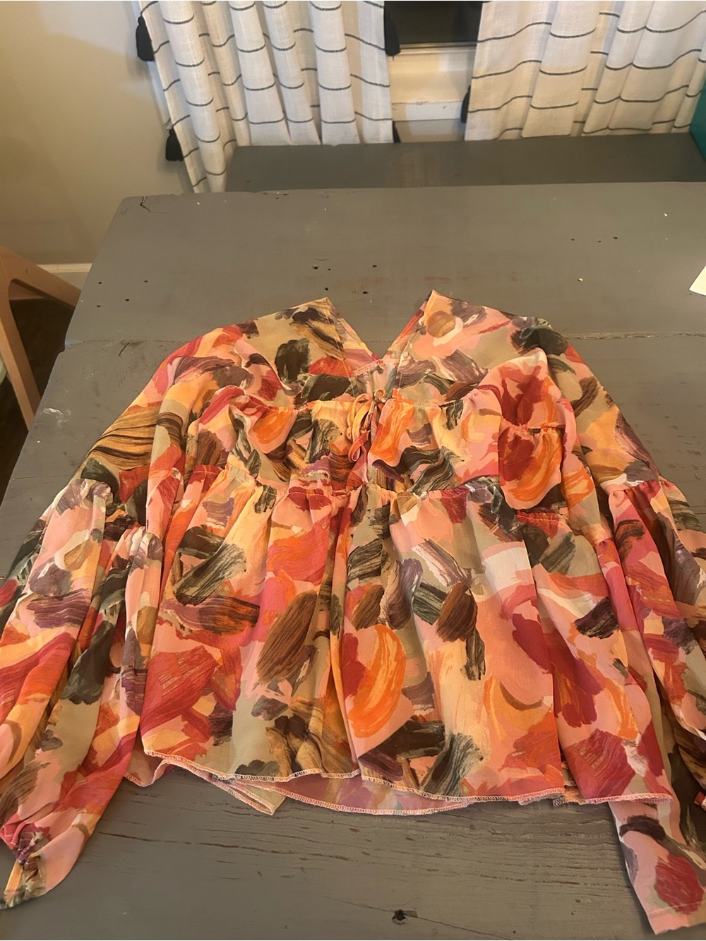 SHEIN Brushstroke Floral Peasant Blouse - Pink Orange Multi